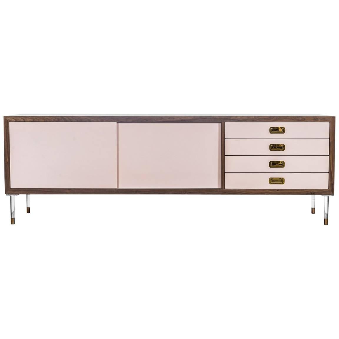 Modern Light Pink Lacquered Credenza with Walnut Trim, Brass Pulls & Lucite Legs