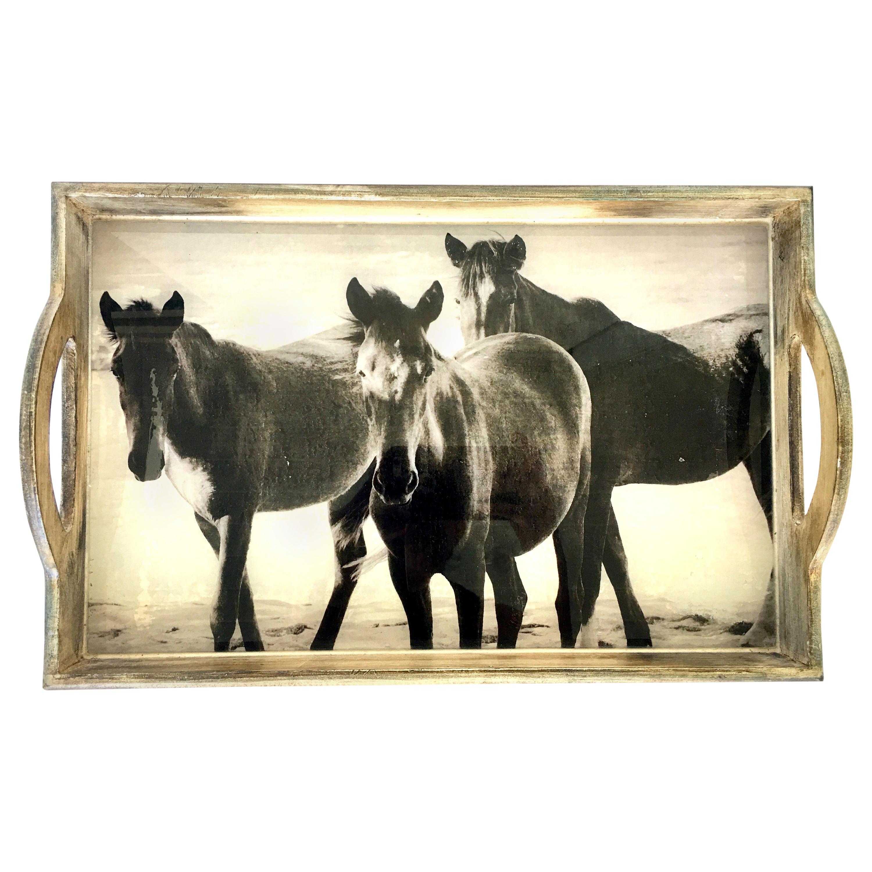 21st Century Wood & Glass Handle "Horse" Tray For Sale