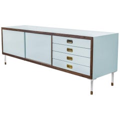 Modern Capri Blue Lacquered Credenza with Walnut trim, Brass Pulls & Lucite Legs