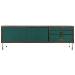 Modern Hunter Green Lacquered Credenza with Brass Trim Brass Pulls & Lucite Legs
