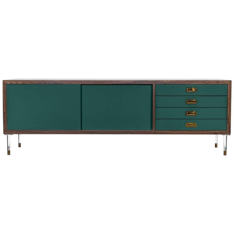 Modern Hunter Green Lacquered Credenza with Brass Trim Brass Pulls & Lucite Legs For Sale