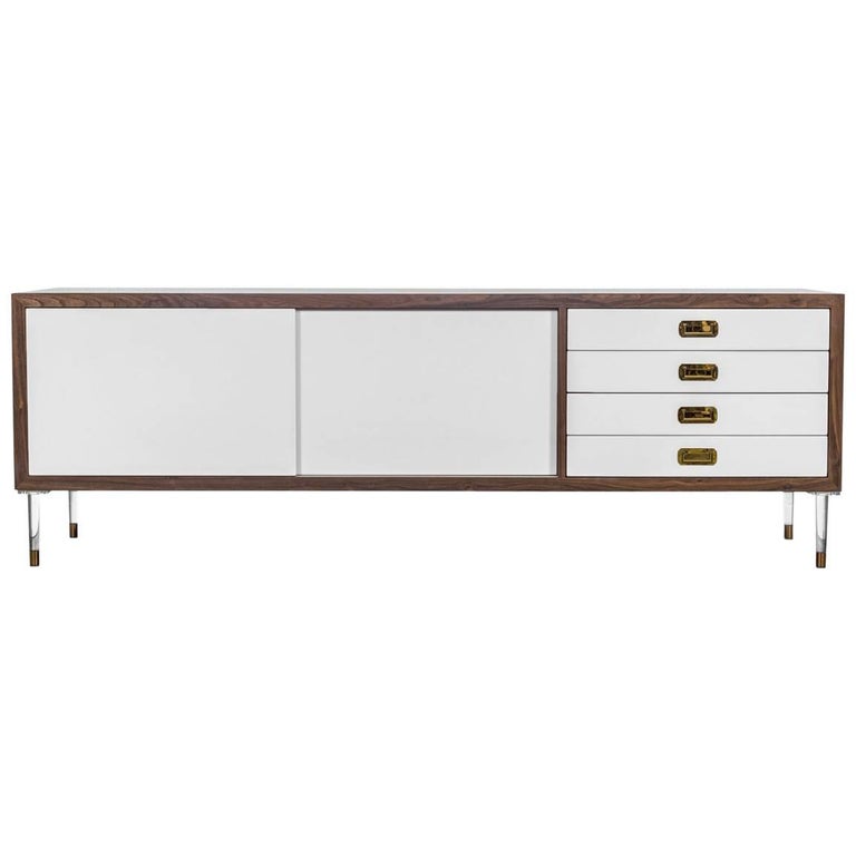 Retro Modern White Lacquered Credenza with Walnut Trim, Brass Pulls For Sale