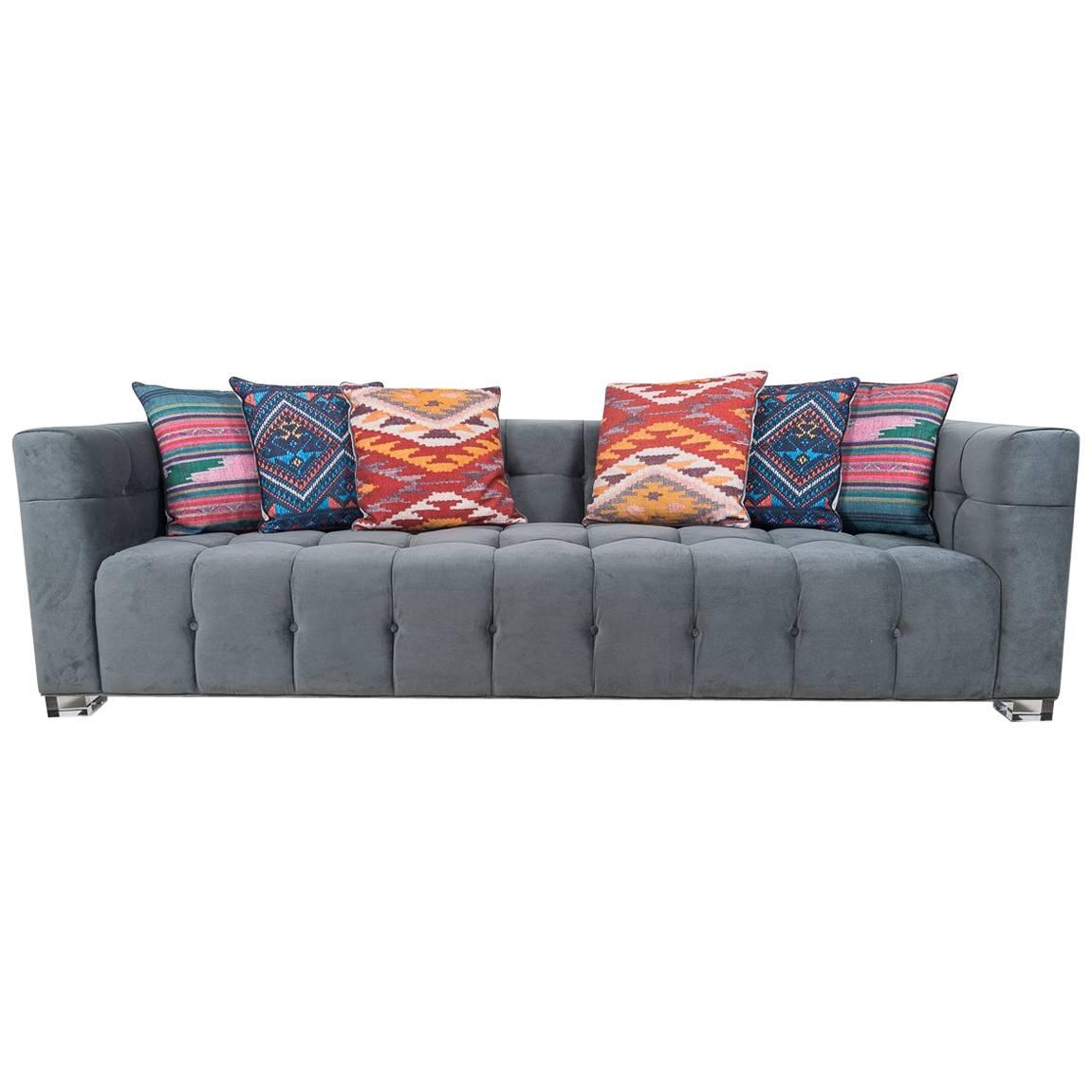 Modern Style Sofa in Charcoal Velvet with Biscuit Tufting and Lucite Block Legs For Sale