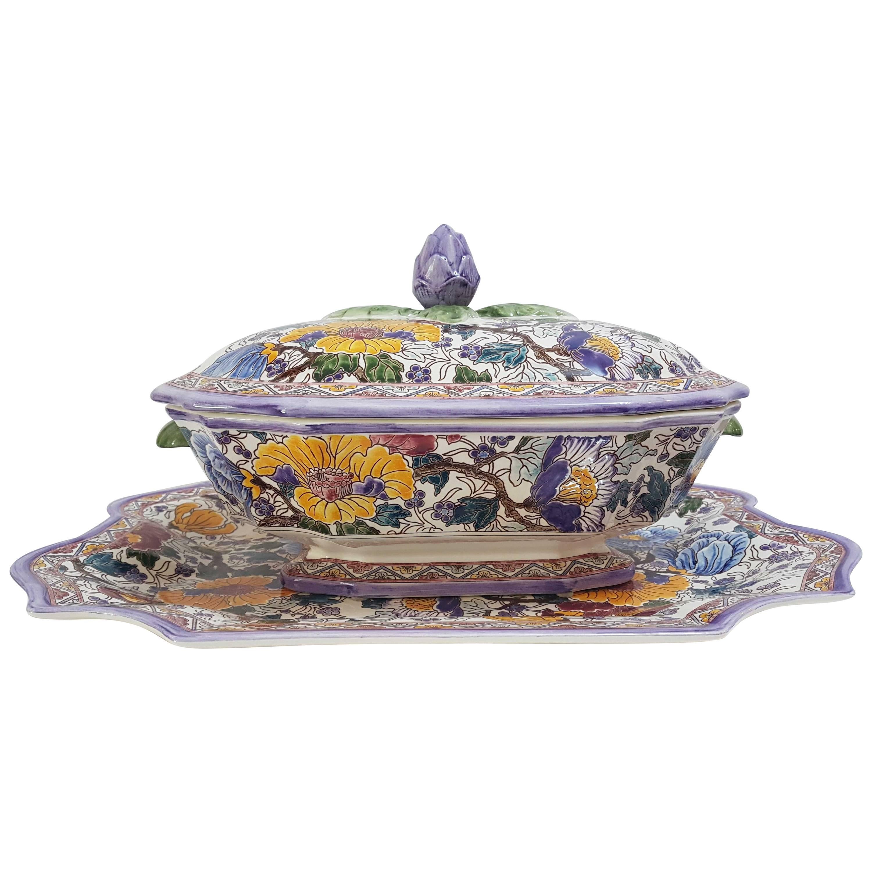Gien Limited Edition French Hand-Painted Faience Soup Tureen and Stand