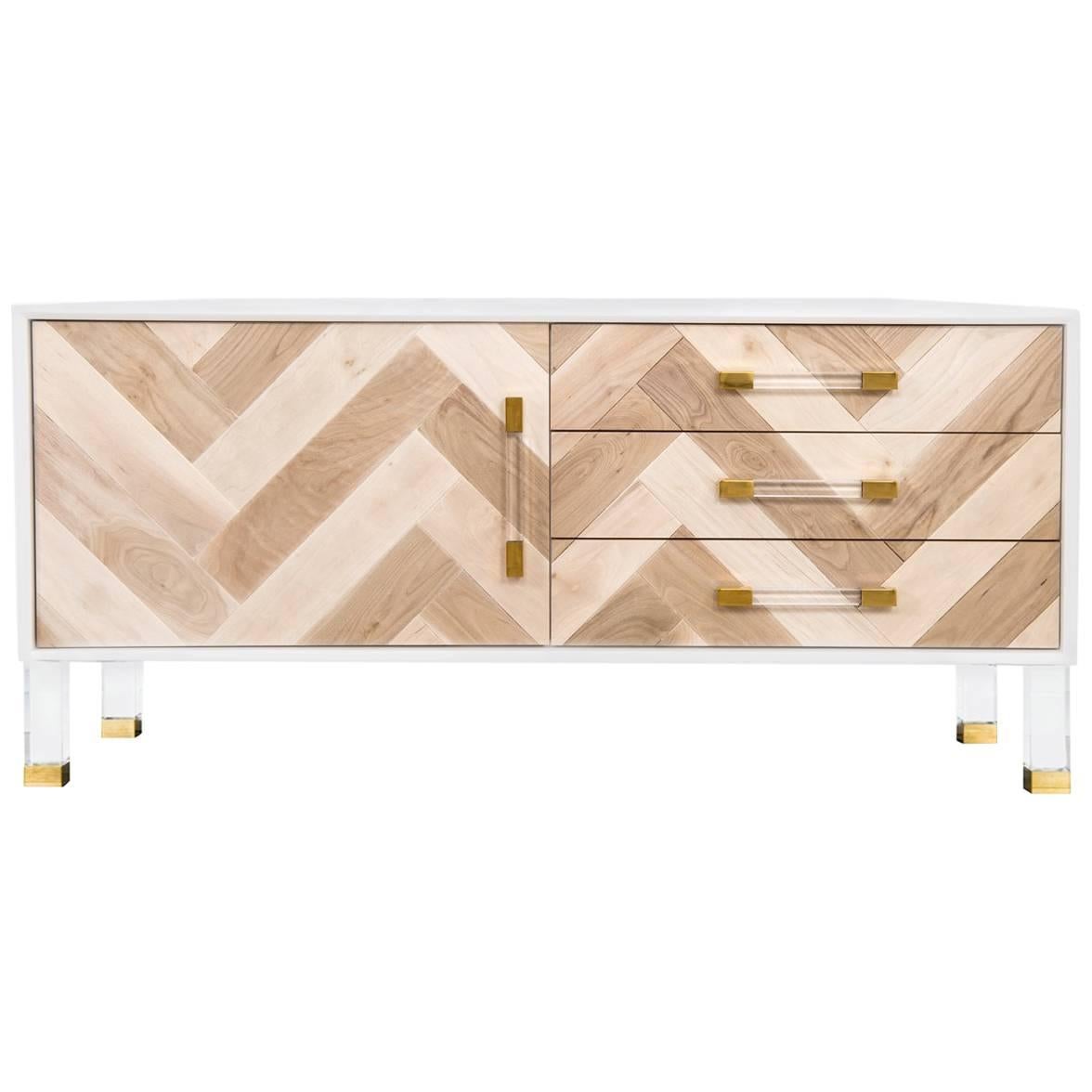 Modern Style Credenza Lucite & Brass Accents with Bleached Walnut Door For Sale