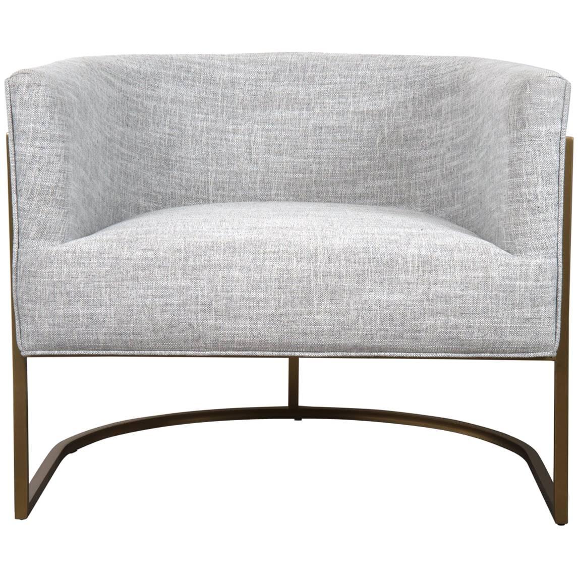 Mid-Century Modern Style Curved Accent Chair in Grey Linen & Brushed Brass Frame For Sale