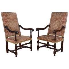 Italian Louis XIII Period Pair of Walnut and Upholstered Armchairs, Early 18th C