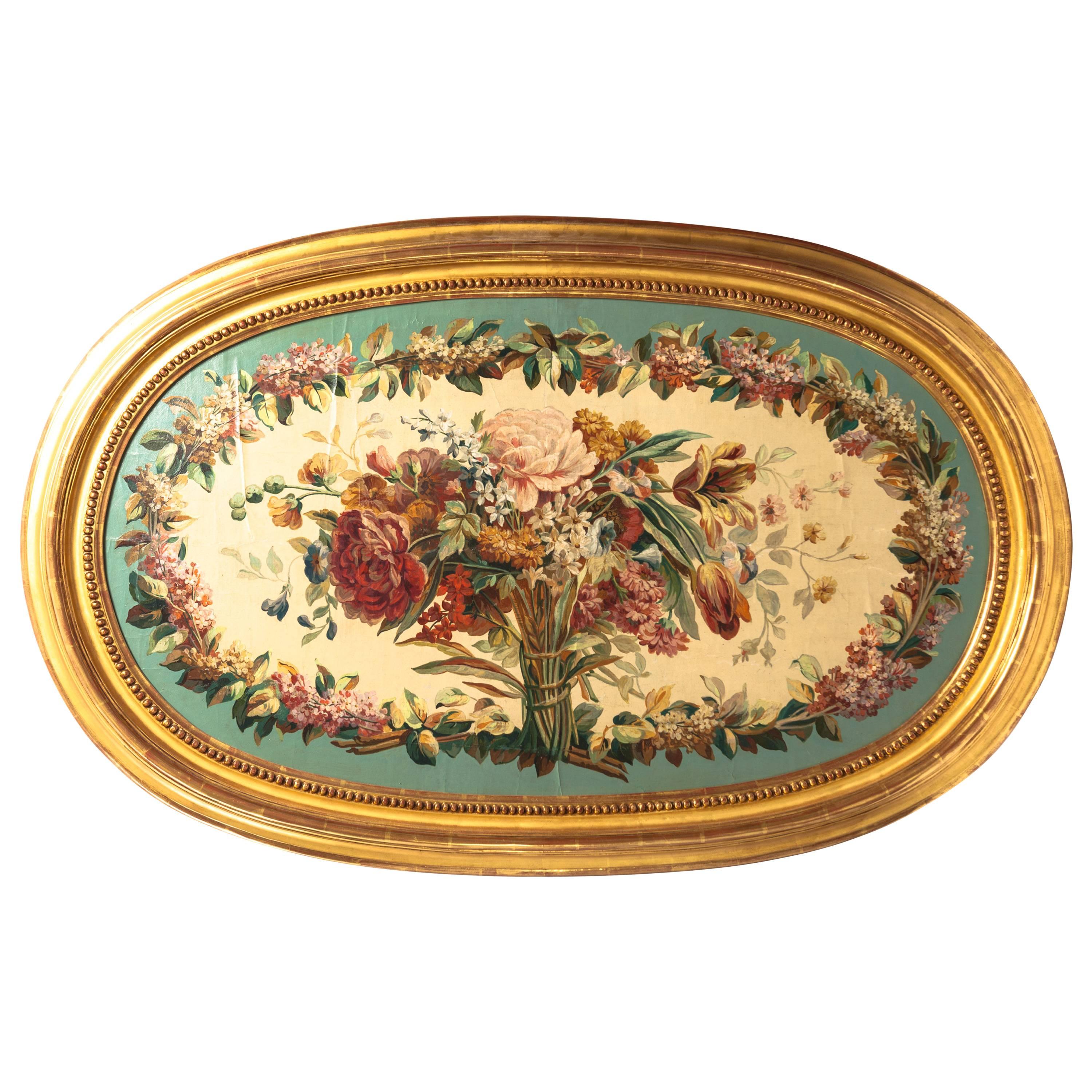 19th Century French Aubusson Floral Tapestry Cartoon in Gilded Frame For Sale