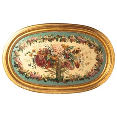 19th Century French Aubusson Floral Tapestry Cartoon in Gilded Frame