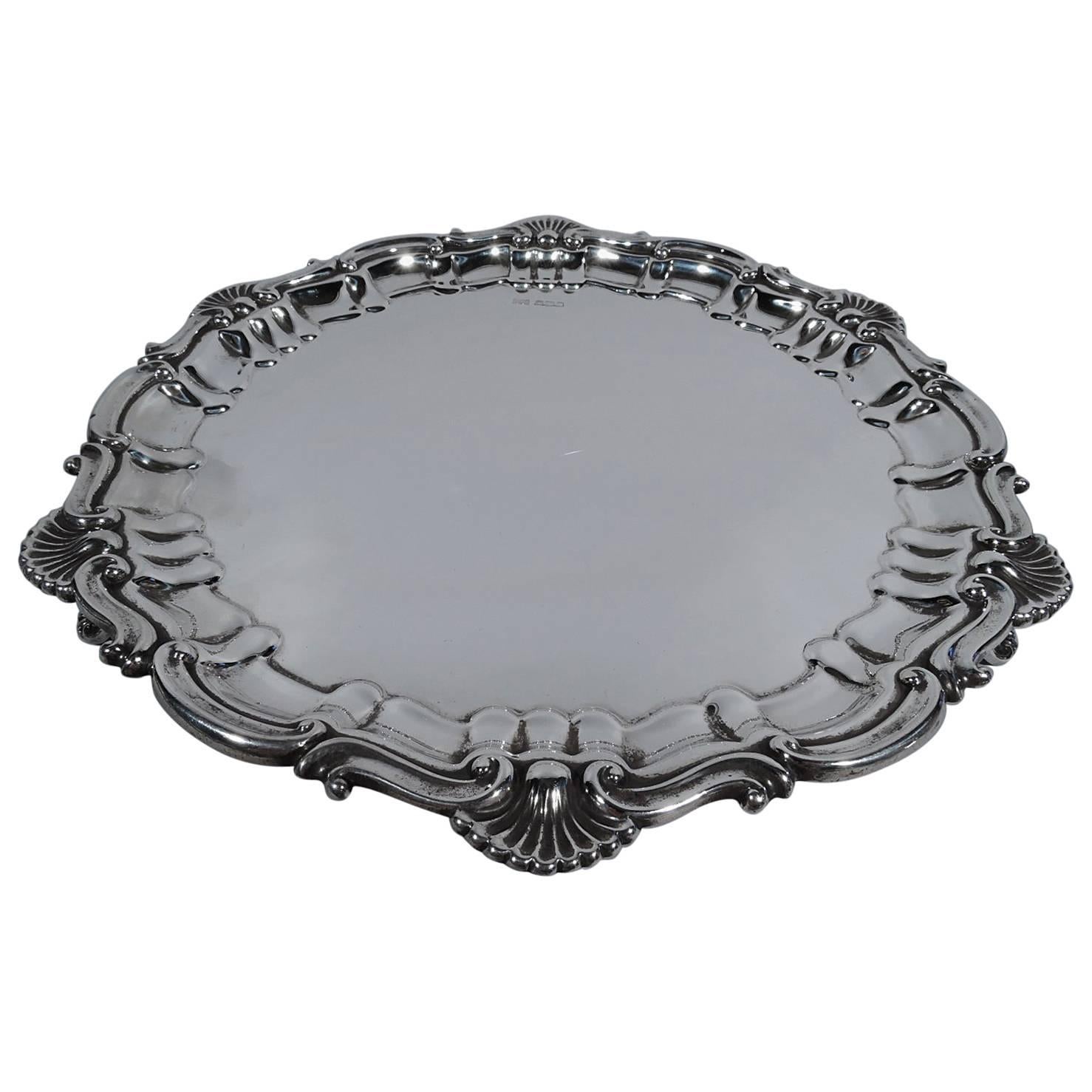 Antique English Georgian Shell and Scroll Sterling Silver Salver Tray