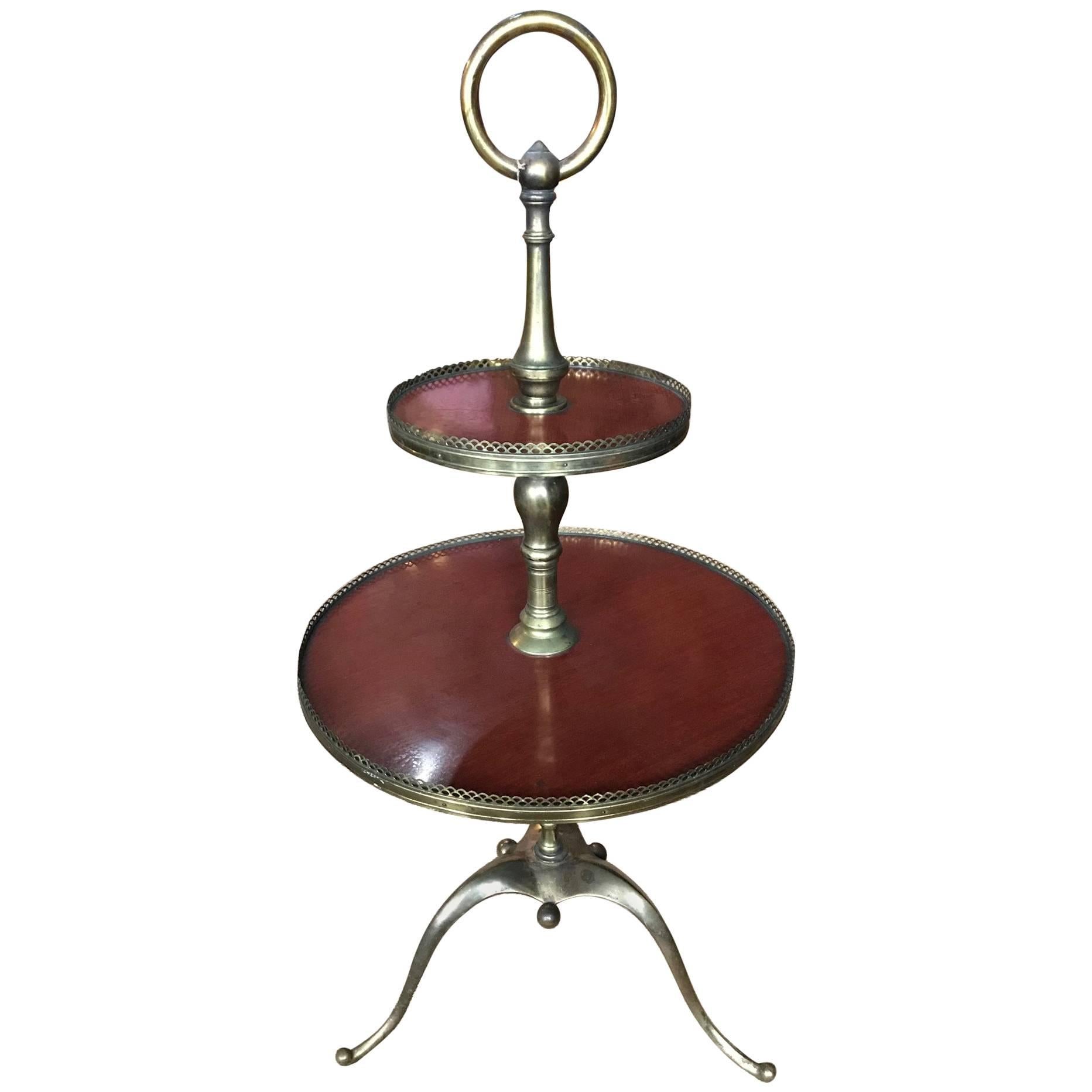 Italian Two-Tiered Table on Brass Tri-Pod Base For Sale