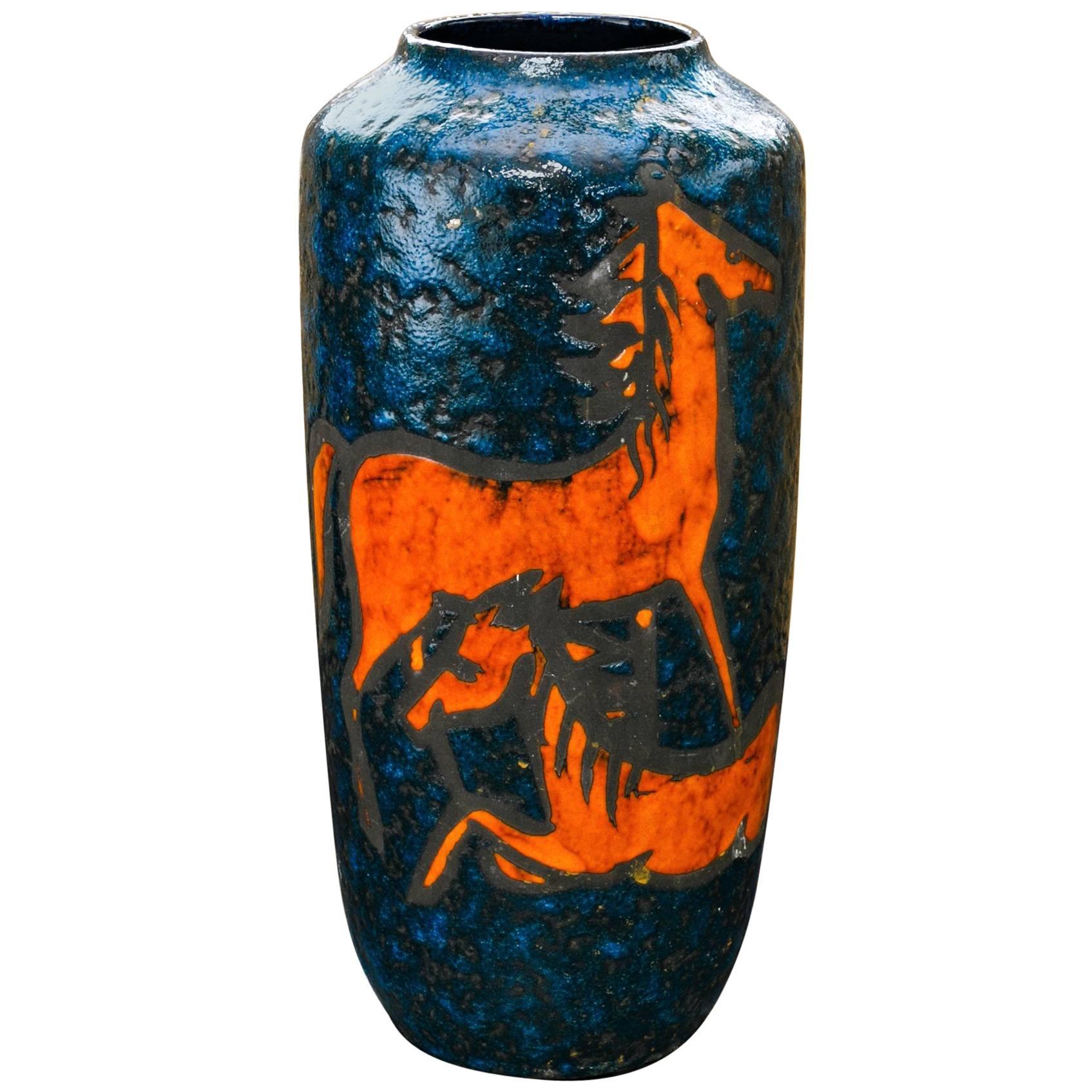 Tall European Handcrafted Blue and Orange Vase with Horses