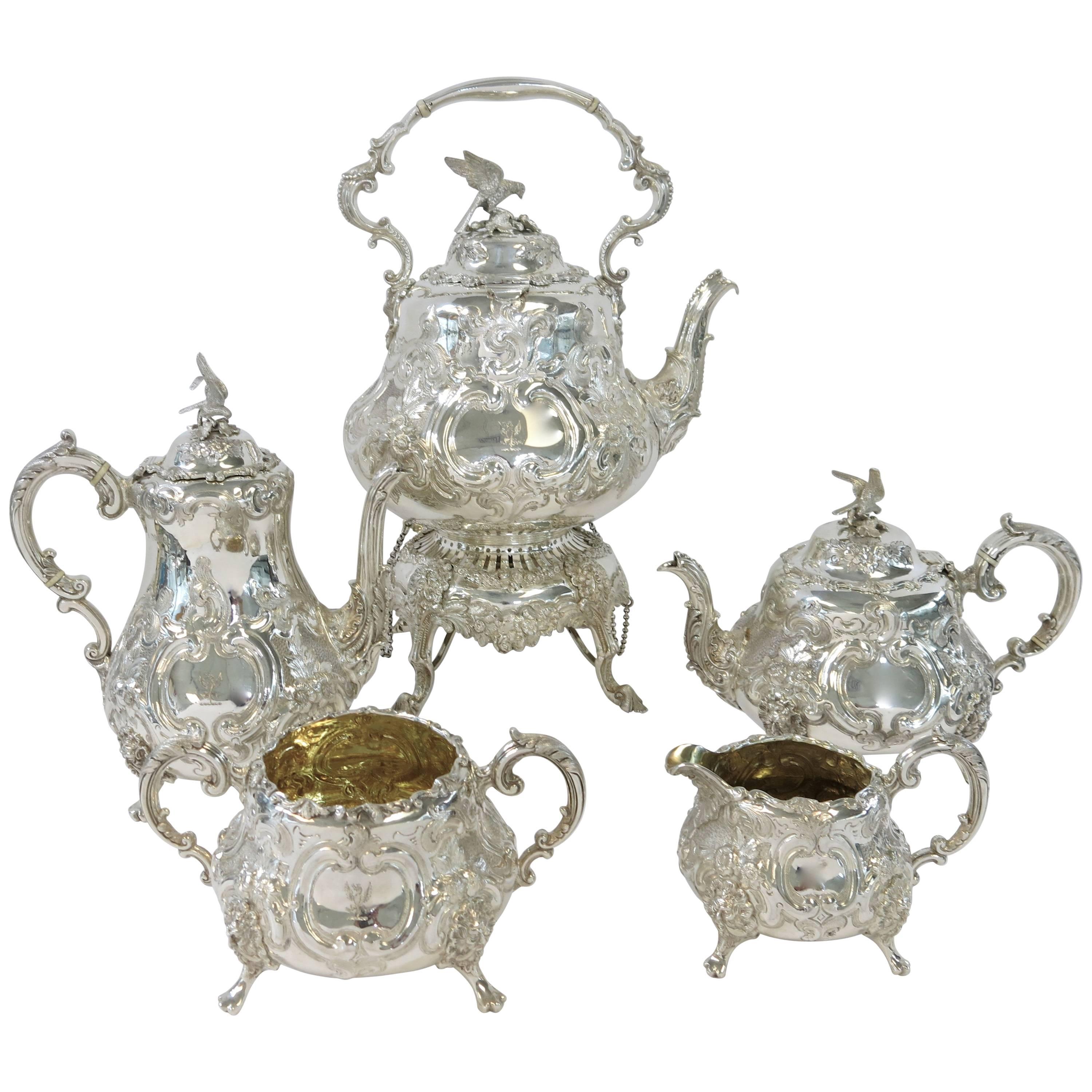 Magnificent, Antique Victorian, Sterling Silver Hand Chased Tea & Coffee Set For Sale