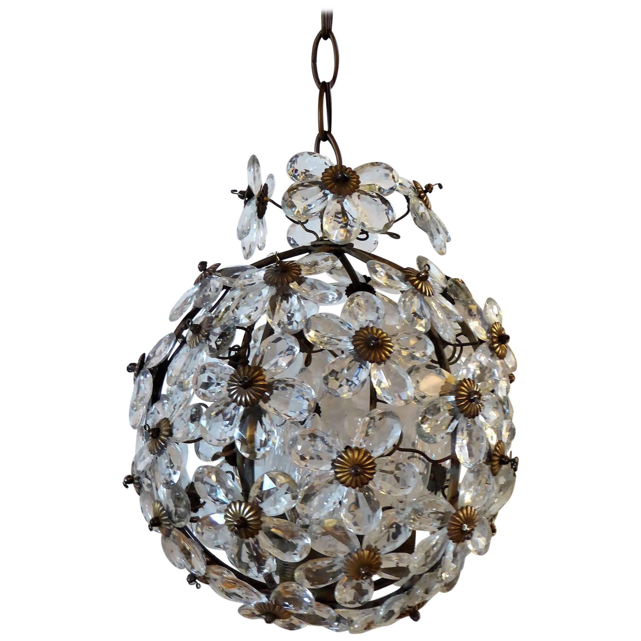 1920s Maison Baguès Floral Crystal Ball Form Chandelier