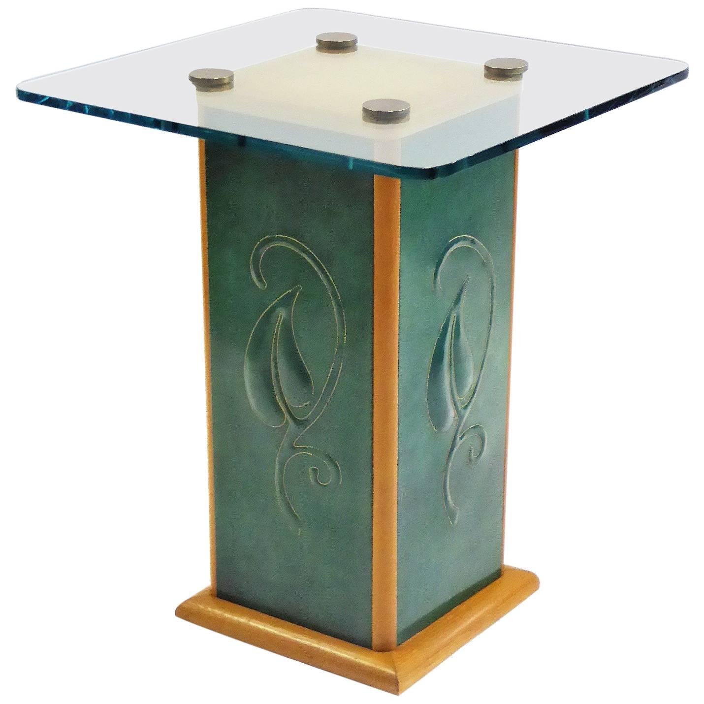 Modern Deco 1940s Edward Stoll Cerused Oak, Glass and Leatherette Side Table For Sale