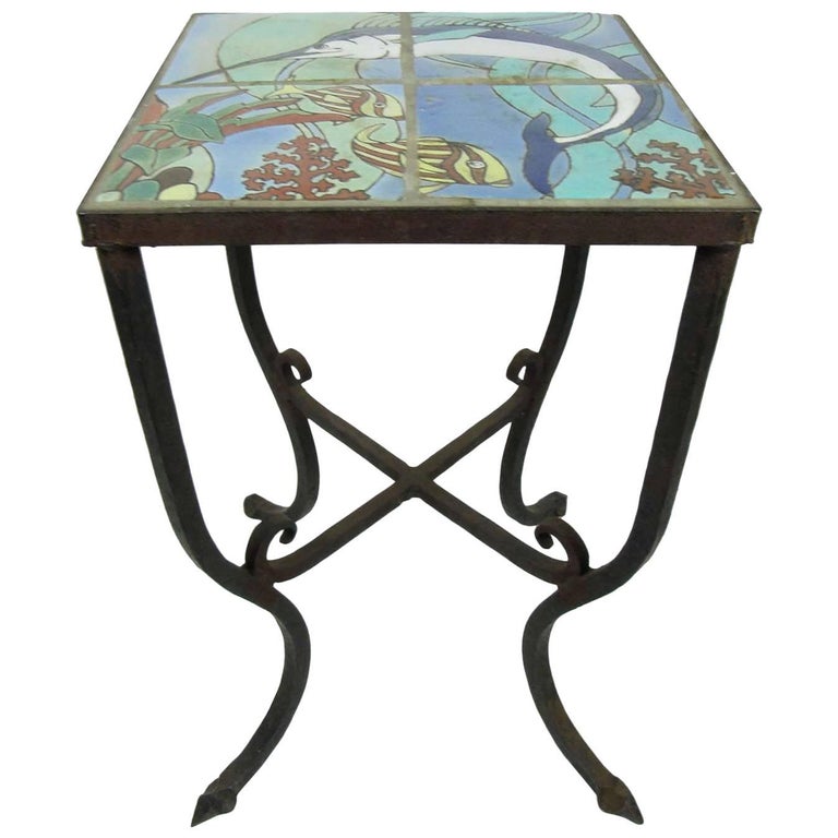 Vintage Wrought Iron Plant Stand with FourPiece Ceramic Tile at 1stDibs