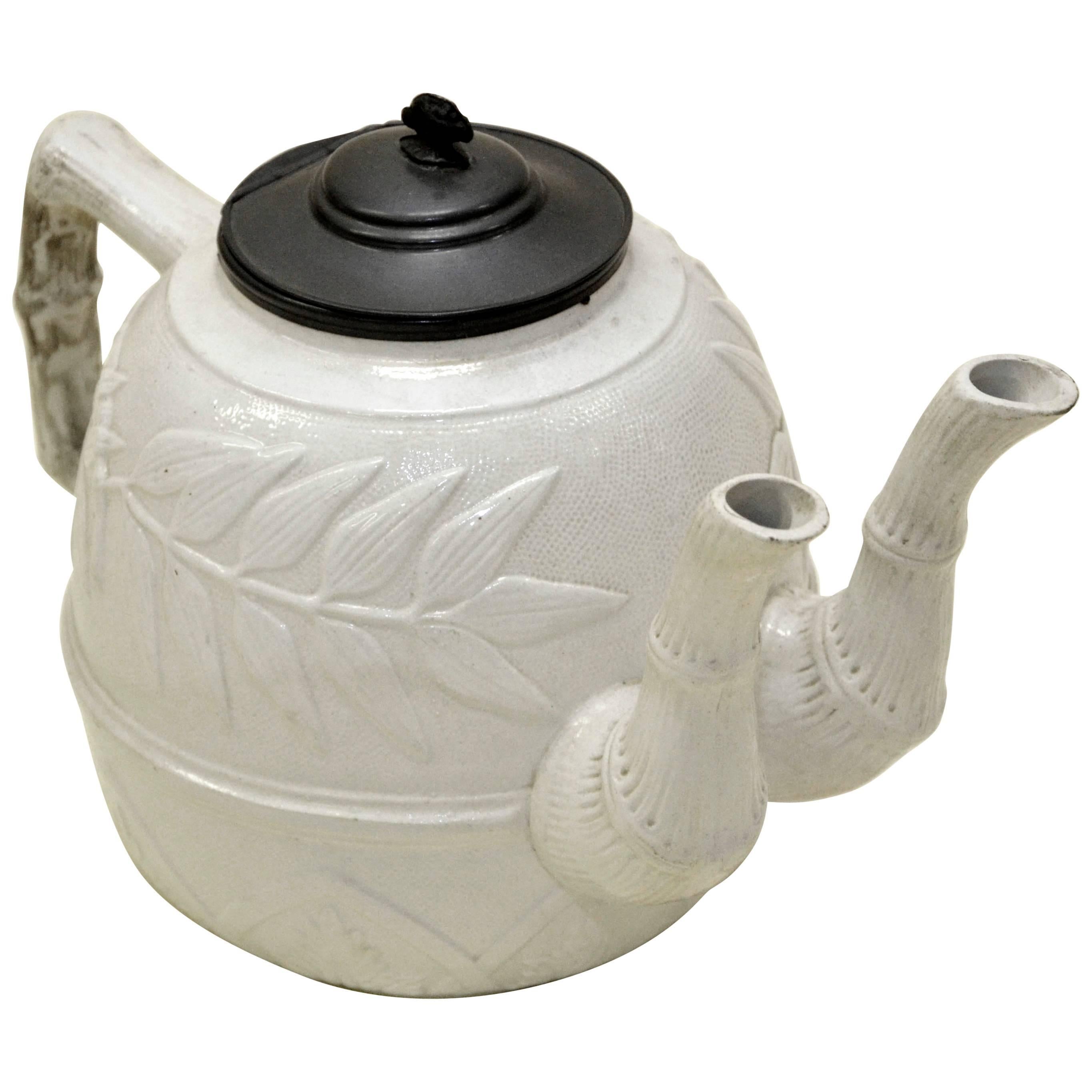 1860s Rare Victorian Large Salt Glazed White Ironstone Teapot with Two Necks For Sale