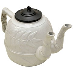 1860s Rare Victorian Large Salt Glazed White Ironstone Teapot with Two Necks