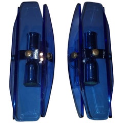 Mid Century Modern, Italian Pair of Blue Glass Wall Lights by Veca