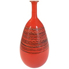 Vintage Orange Striated Ceramic Long Necked Tall Vase by Raymor