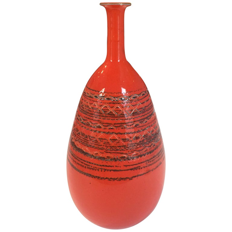 Vintage Orange Striated Ceramic Long Necked Tall Vase By Raymor At