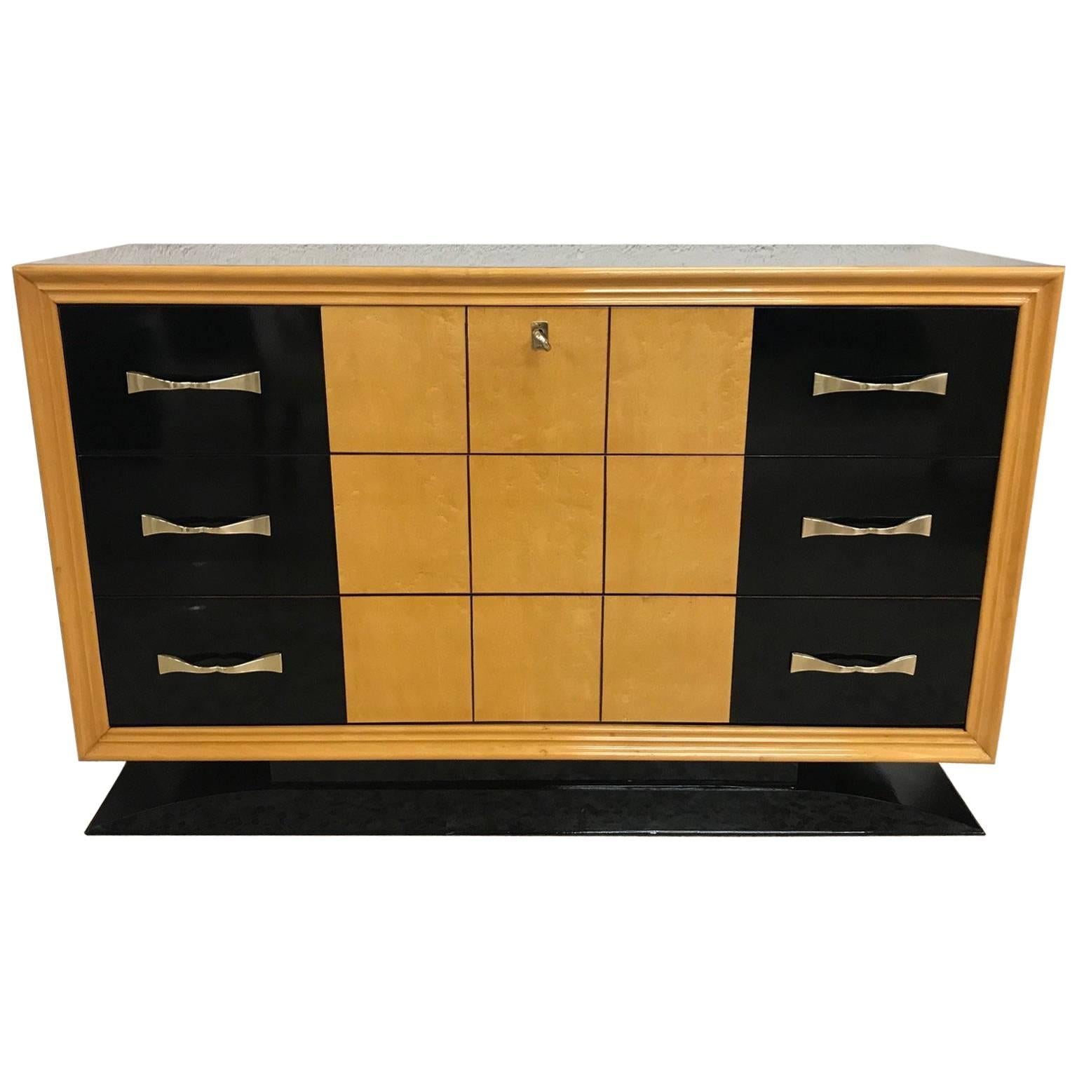 Italian Art Deco Black and Maple Chest of Drawers, 1940s