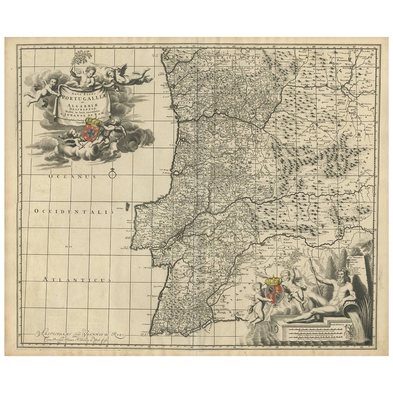Antique Map of Portugal by J. De Ram, circa 1680 For Sale
