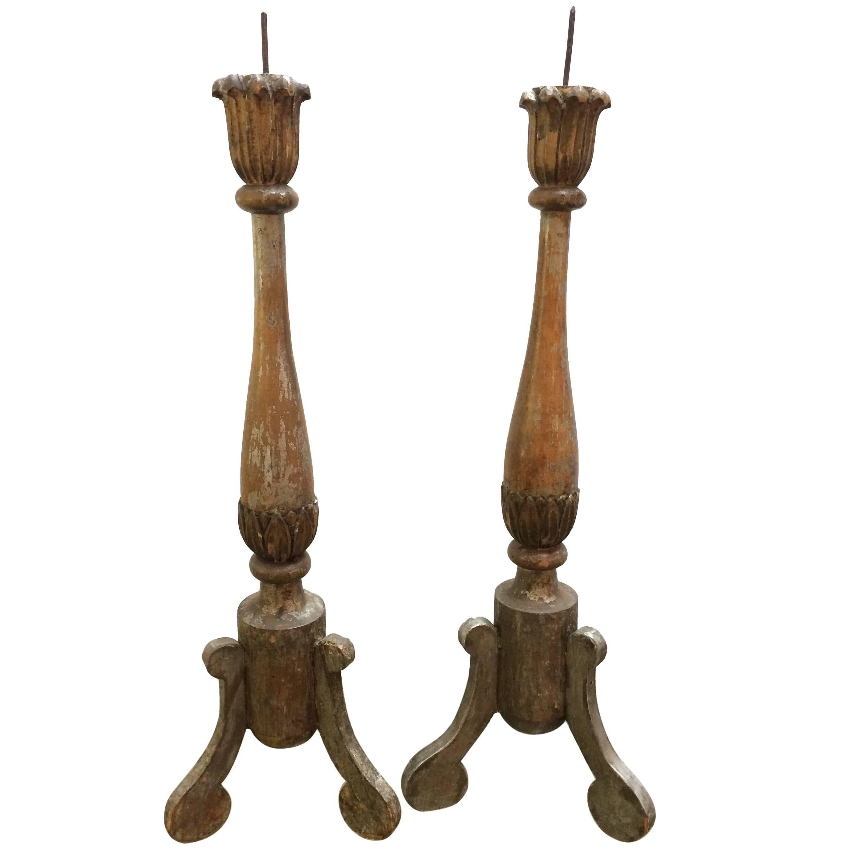 Pair of 19th Century Silverleaf Carved Wood French Pricket Candlesticks