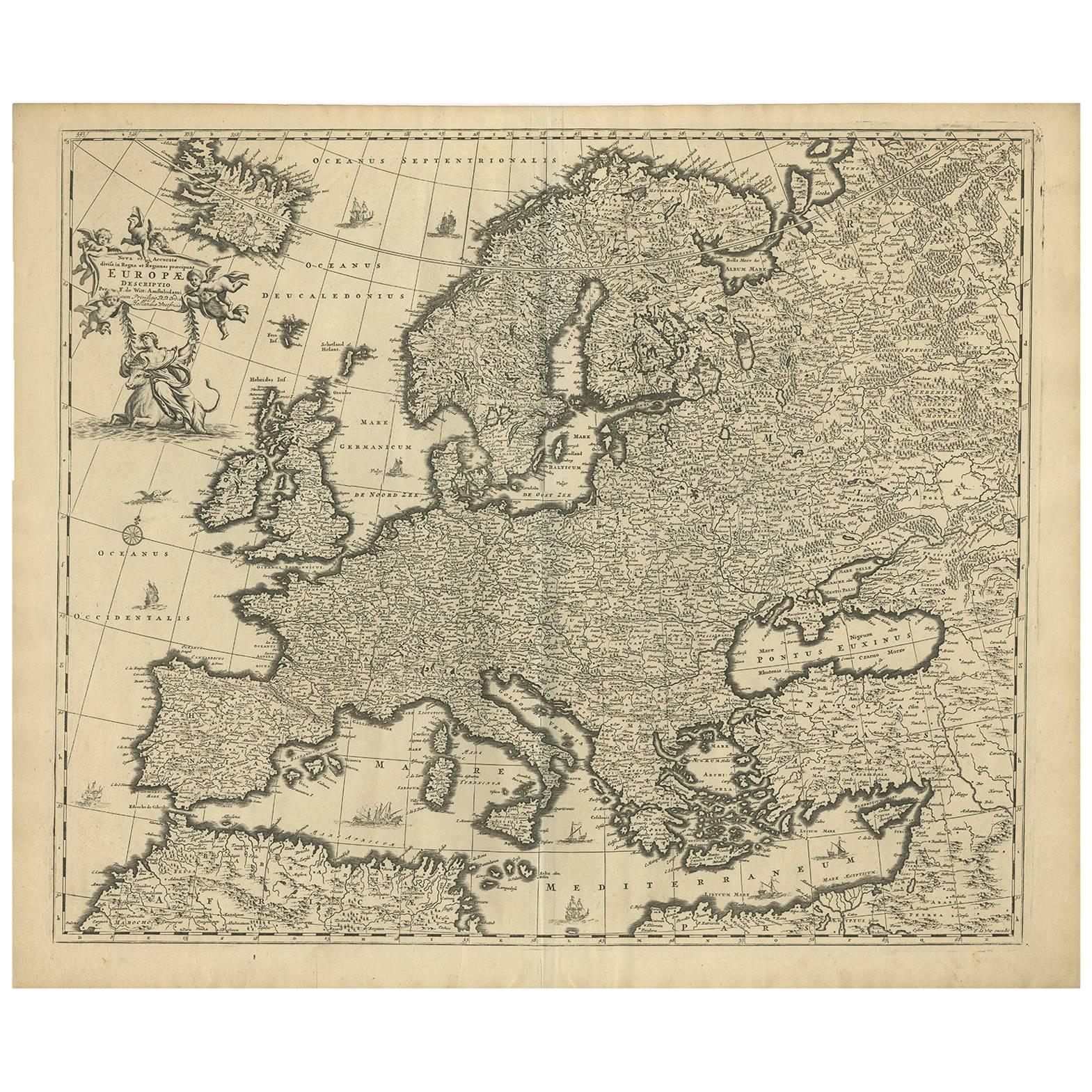 Grand Map of Europe by Frederick de Wit, Circa 1690: A Baroque Era Masterpiece. For Sale