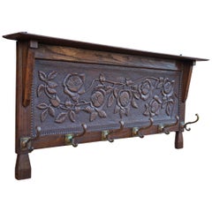 Antique Arts & Crafts Coat Rack with Brass Hooks & Decor of Hand-Carved Roses