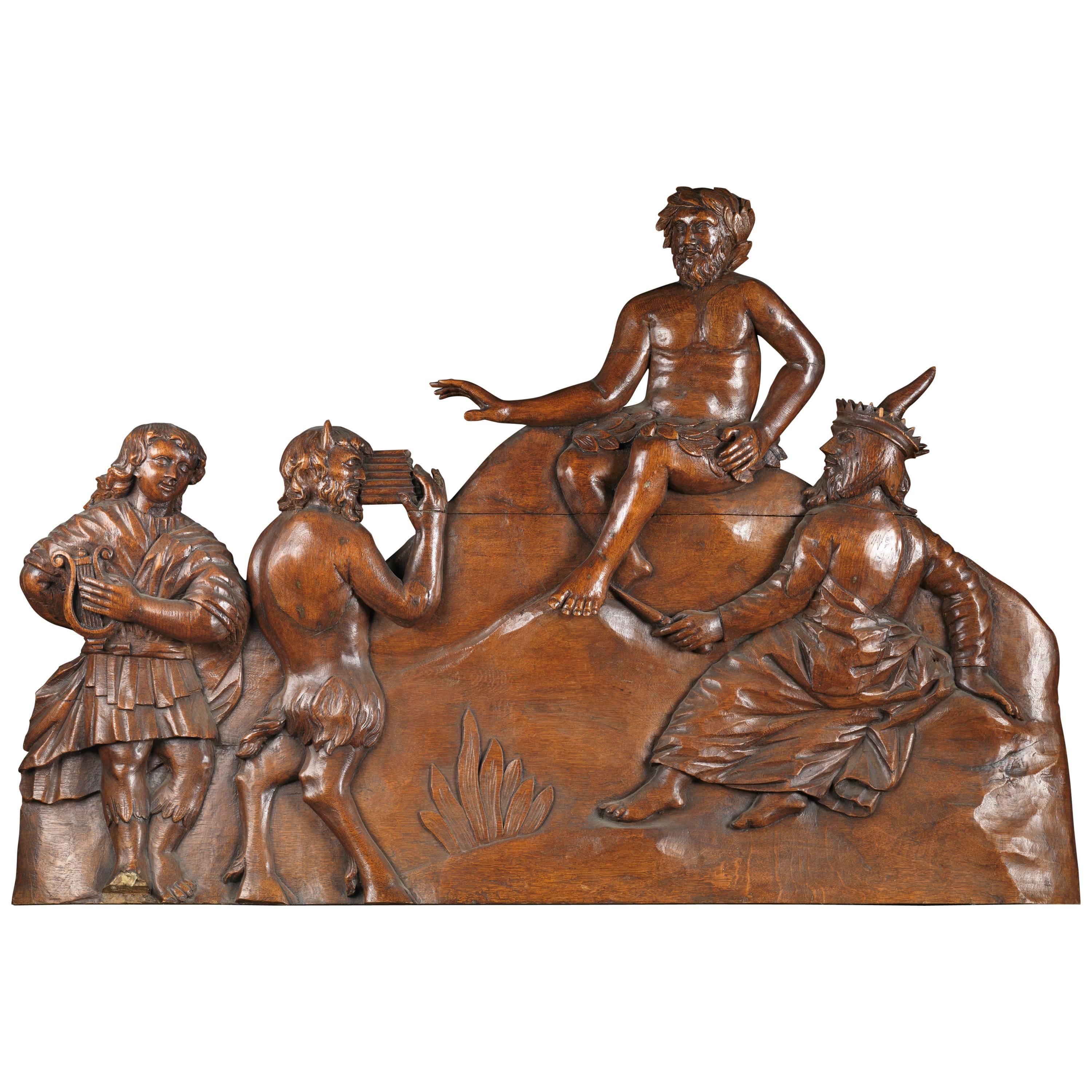 Wooden Panel Sculpture Representing “Midas and the Ass’s Ears”, France