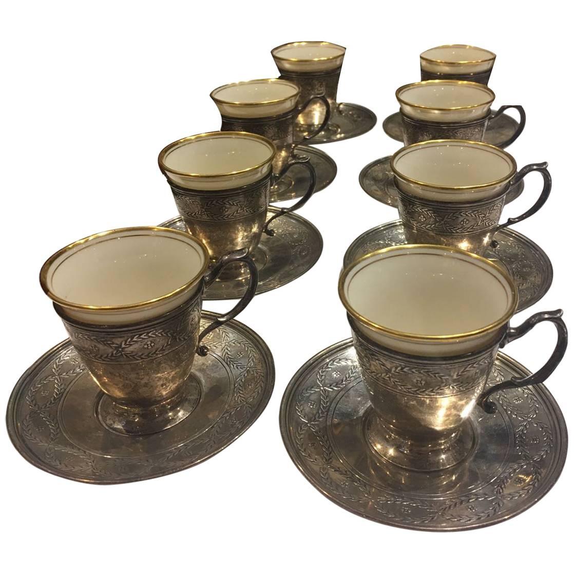Set of Eight Sterling Silver Tiffany, Lenox Porcelain and Accompanying Saucers For Sale