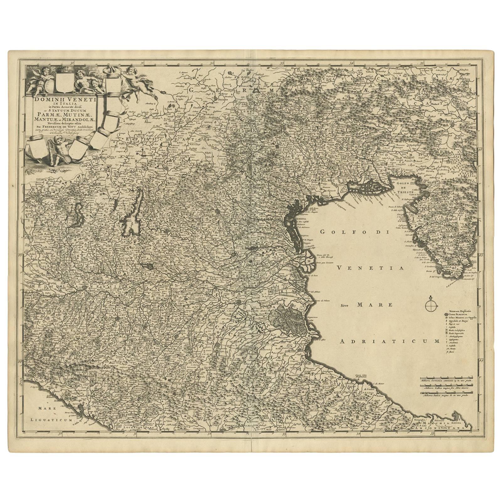 Carte ancienne de la région de Venise, Italie, par F. De Wit, vers 1700 en vente