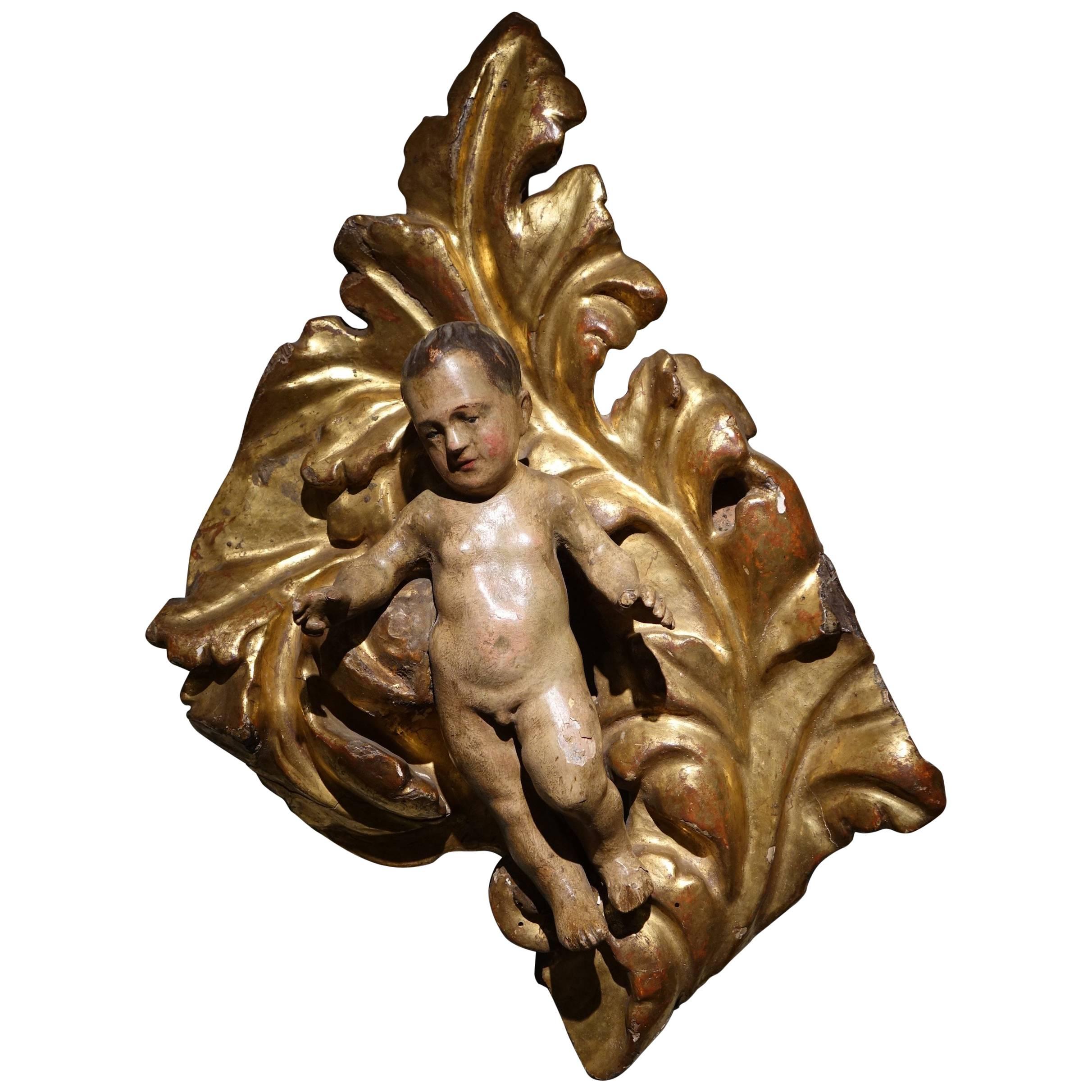Giltwood Putto on Foliage, Italy, Early 18th Century For Sale