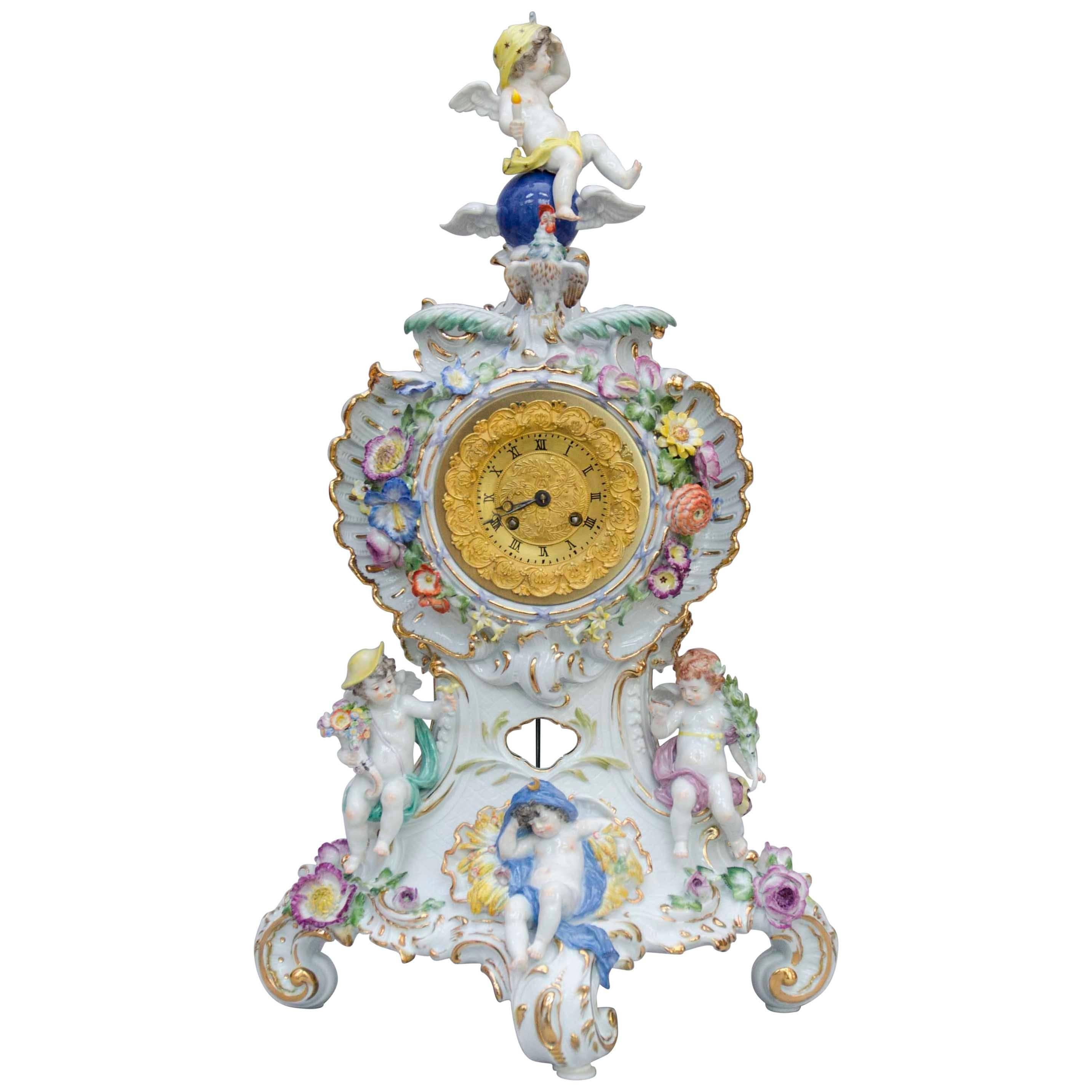 Rococo Meissen Porcelain Clock "Day and Night", Pfeiffer Period For Sale