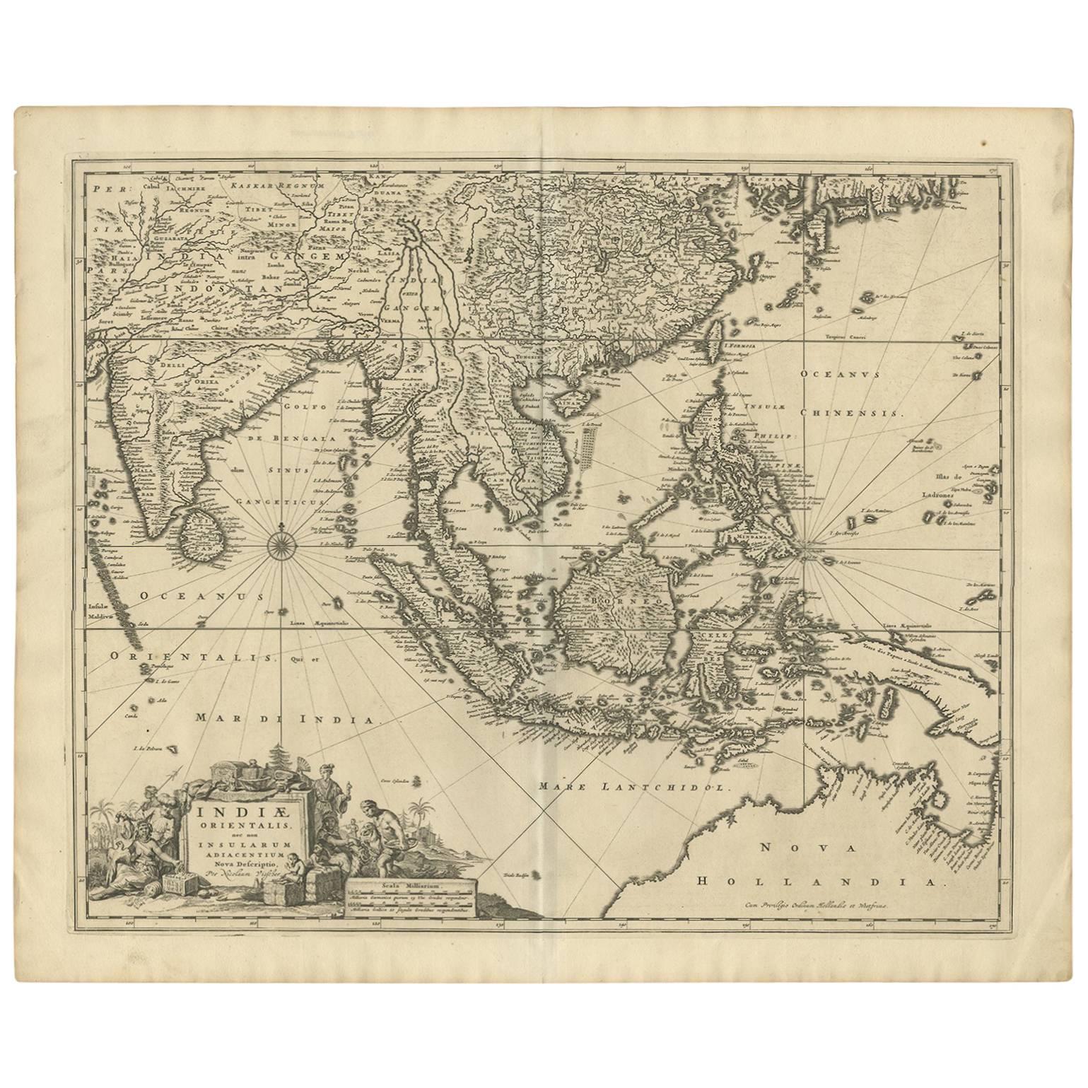 Antique Map of Southeast Asia 'India, Indonesia' by N. Visscher, circa 1670