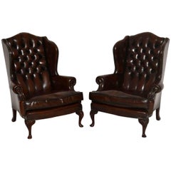 Pair of Used Leather Wing Back Armchairs