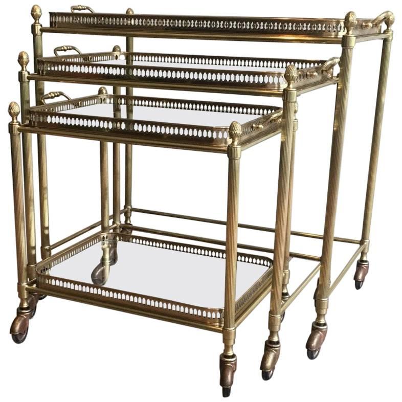 Set of Three Brass Nesting Bar Carts by Maison Baguès