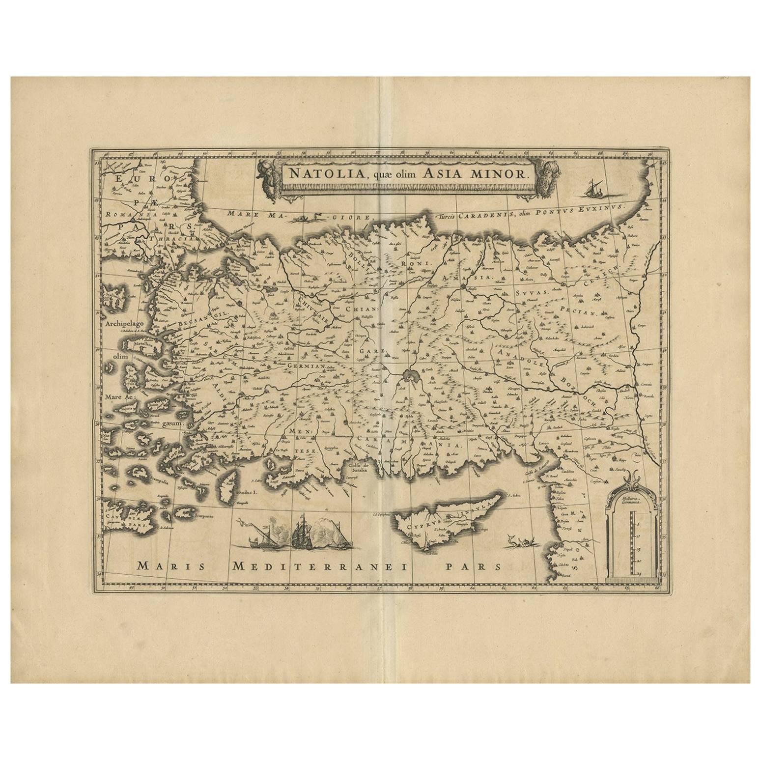 Cartographic Tapestry: Antique Map of Asia Minor, circa 1640 For Sale