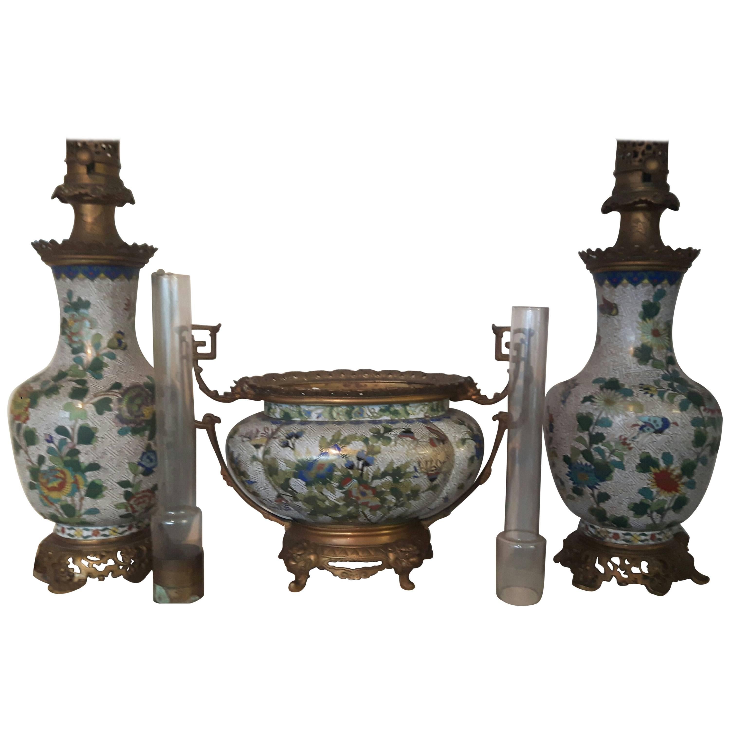 19th Century Chinese Ormolu-Mounted Cloisonne Garniture For Sale