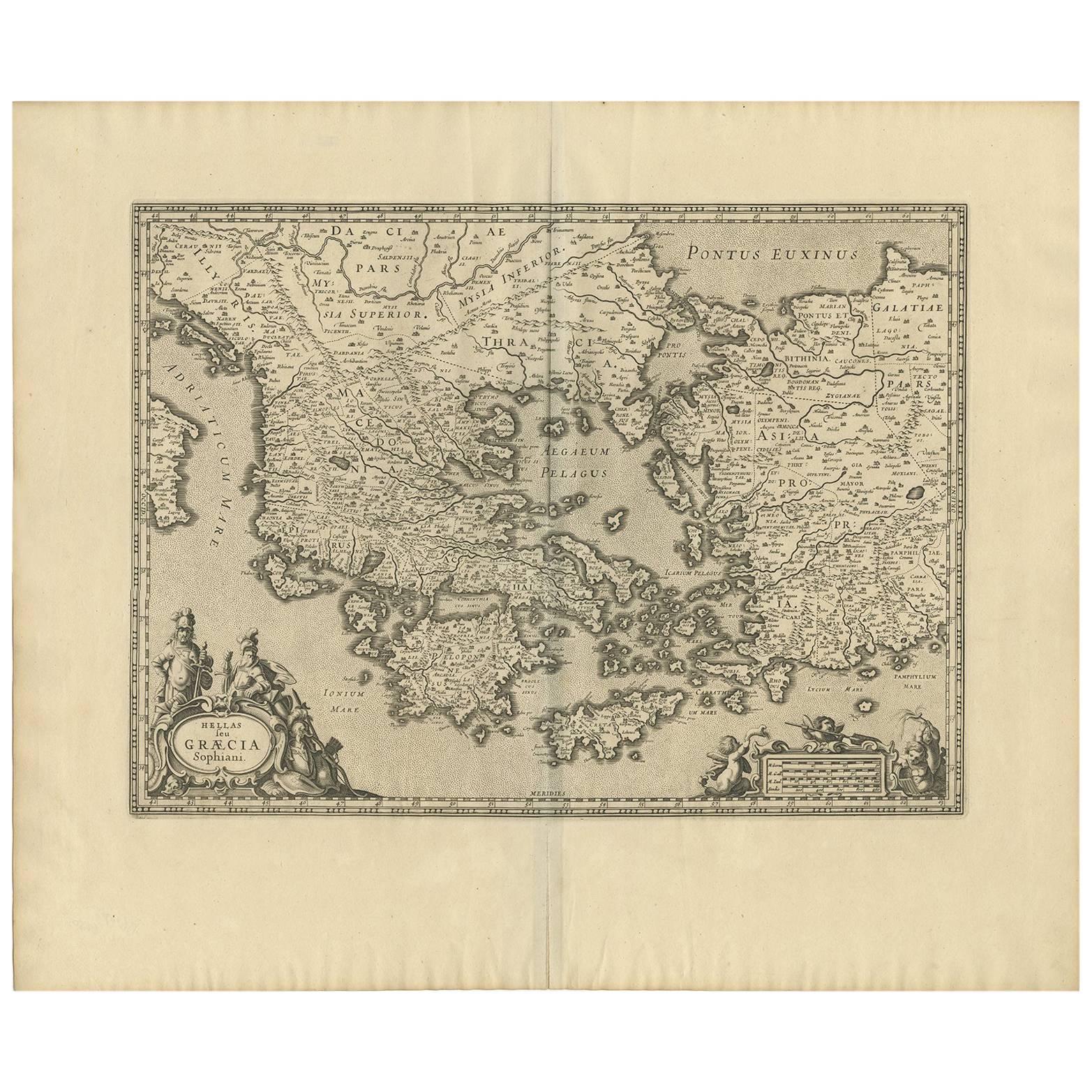 Antique Map of Greece by J. Jansson, circa 1653 For Sale