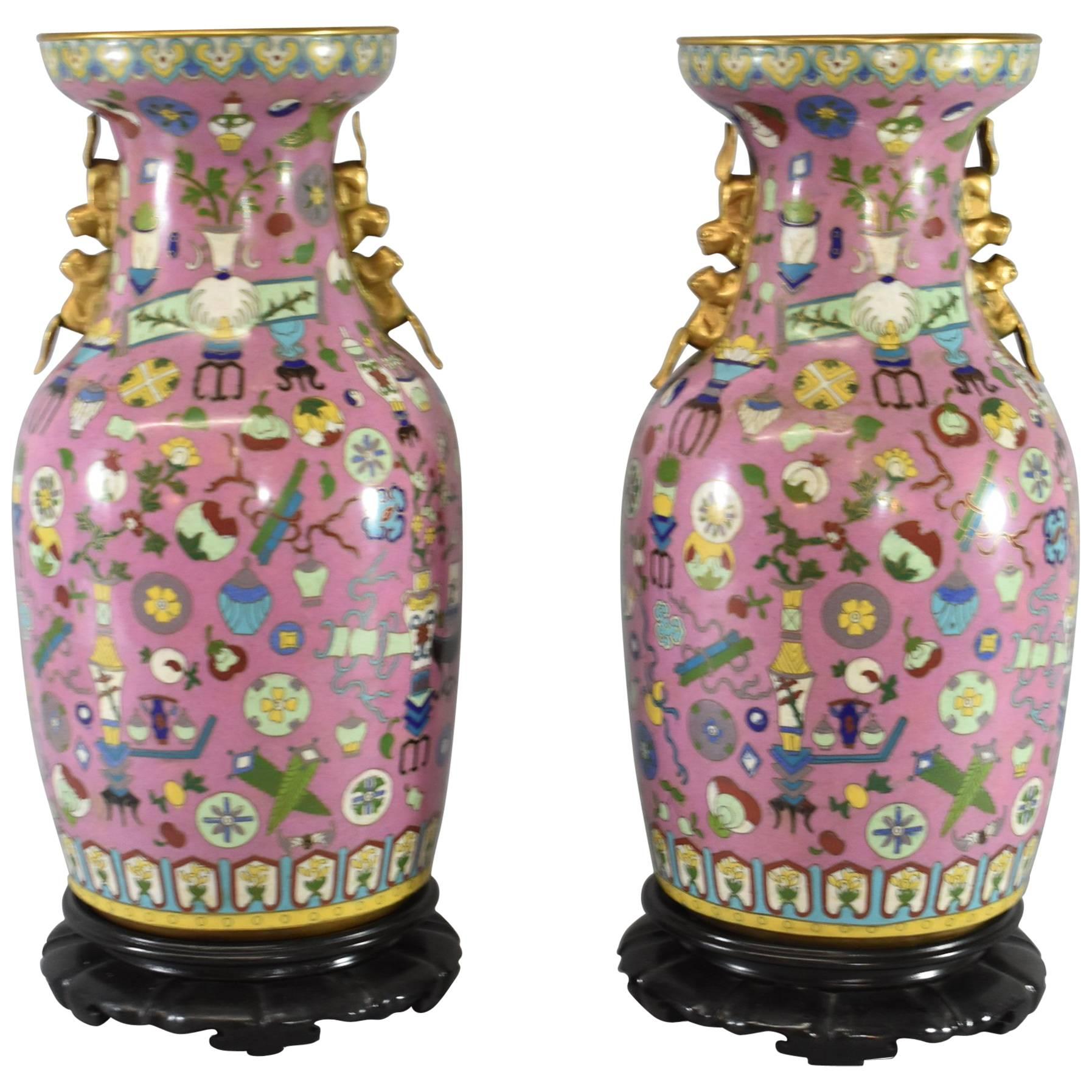 Pair of Cloisonné Vases in the Hundred Treasures Pattern with Brass Handles