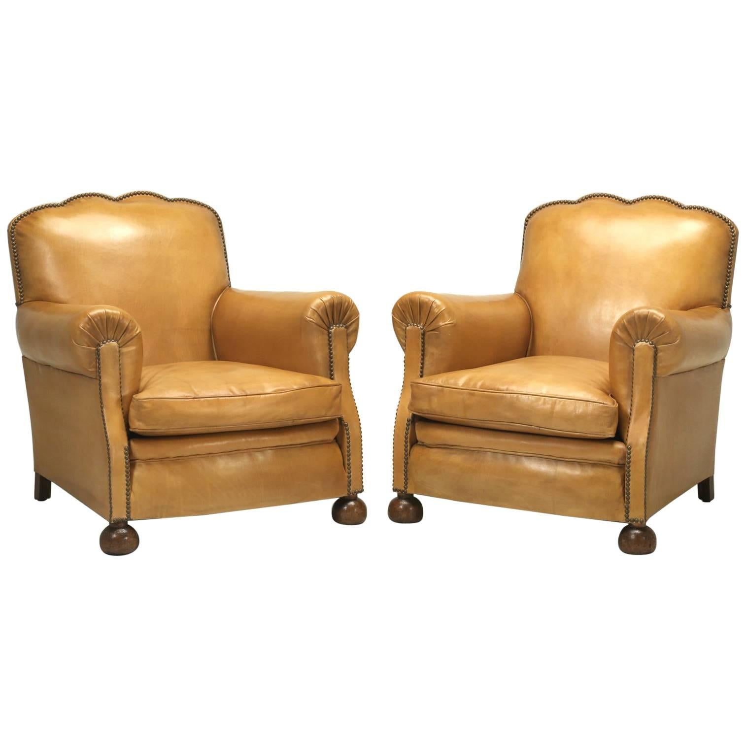 French Leather Club Chairs, Completely Restored from the Bare Frame