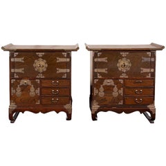 Pair of Asian Lacquered Exotic Wood Nightstands