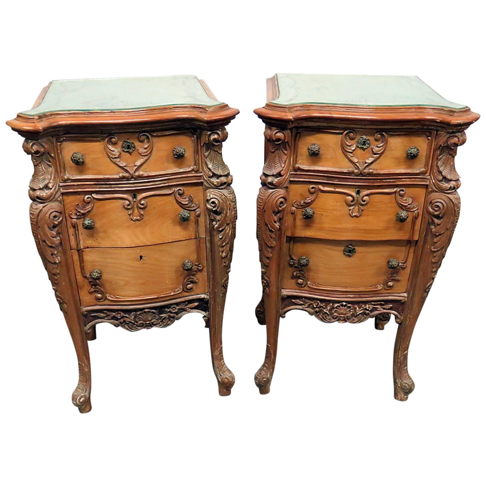 Pair of Italian Walnut Eglomized Top Nightstands