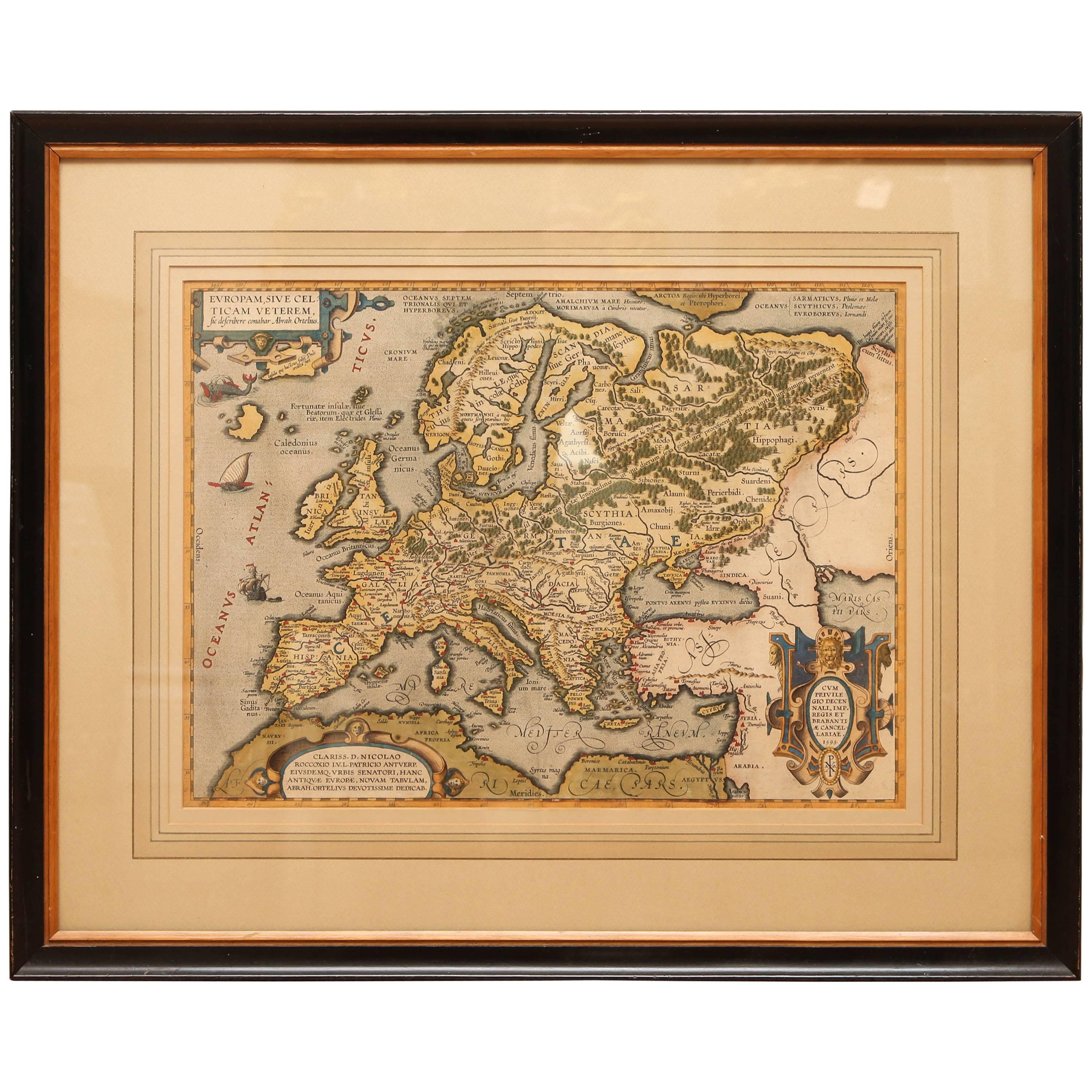 Carte d'Europe ancienne colorée à la main et encadrée