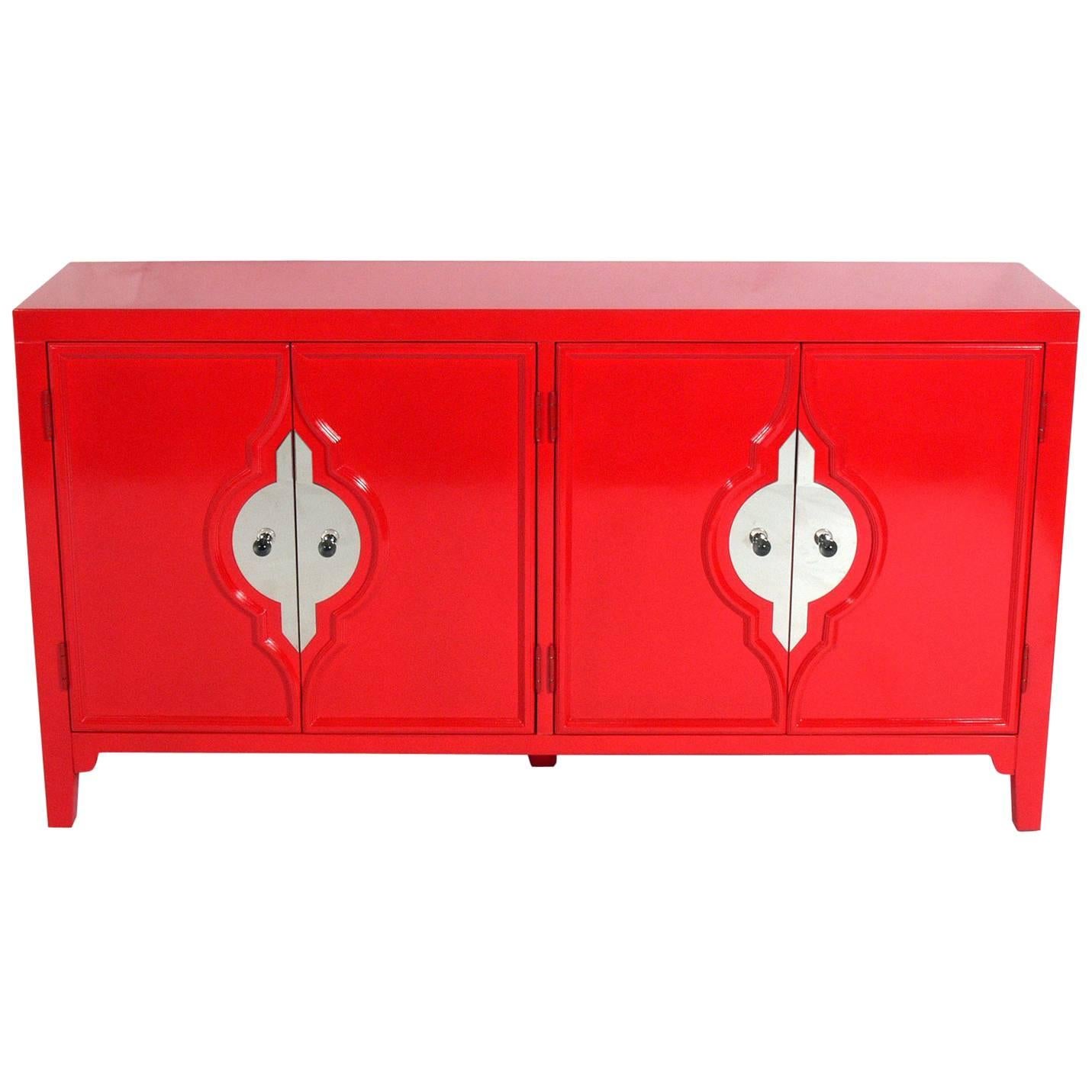 Vibrant Red Lacquer Credenza