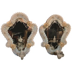 Pair of Venetian Glass and Etched Mirrored Candle Sconces