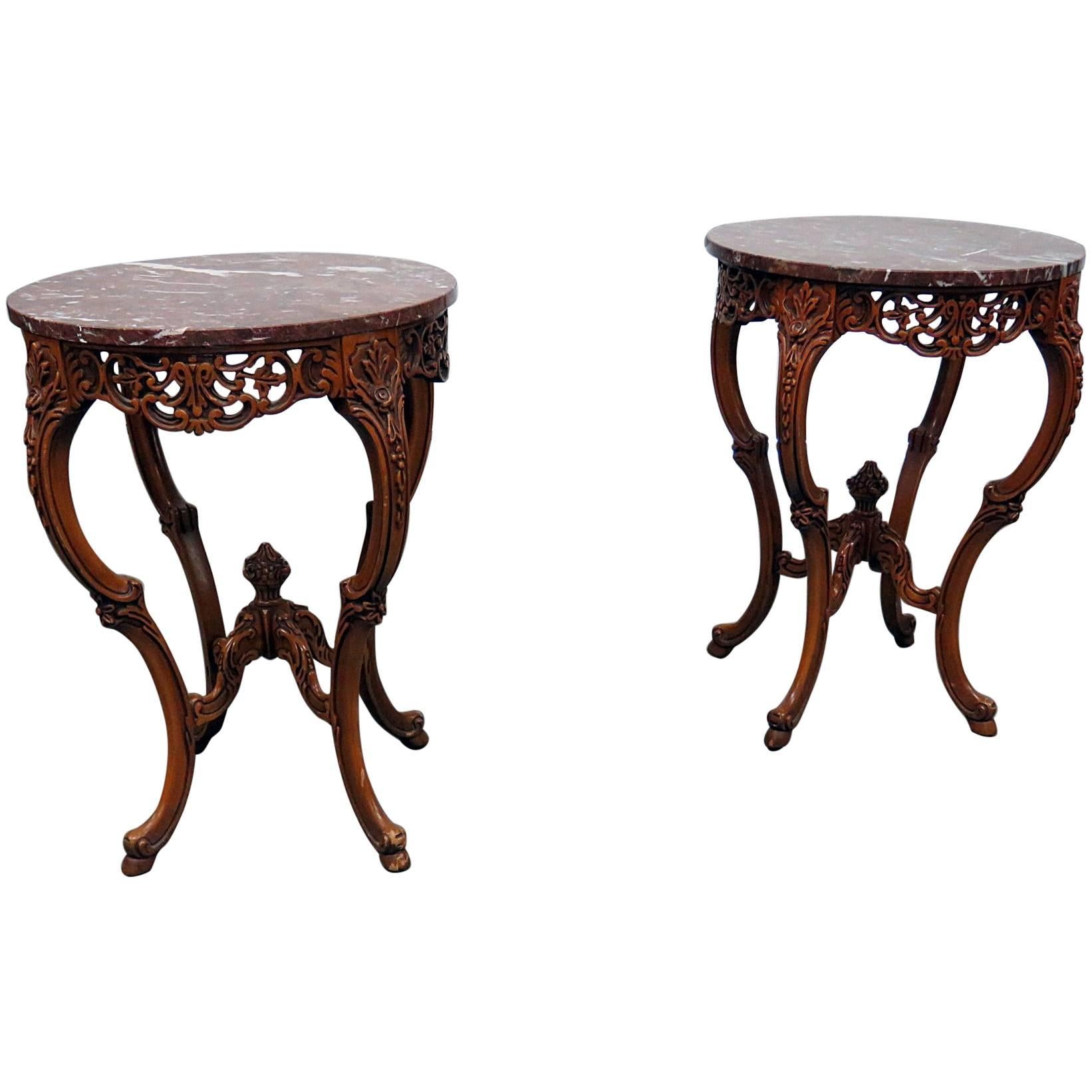 Pair of French Louis XV Carved Walnut Tall Marble-Top End Tables