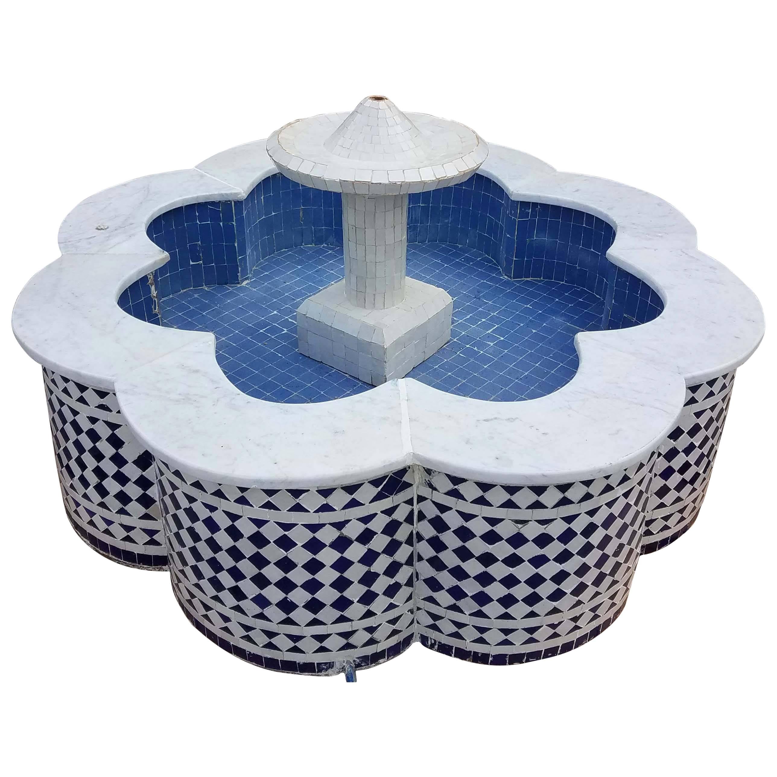 Round Blue / White Moroccan Mosaic Fountain, Marrakech For Sale